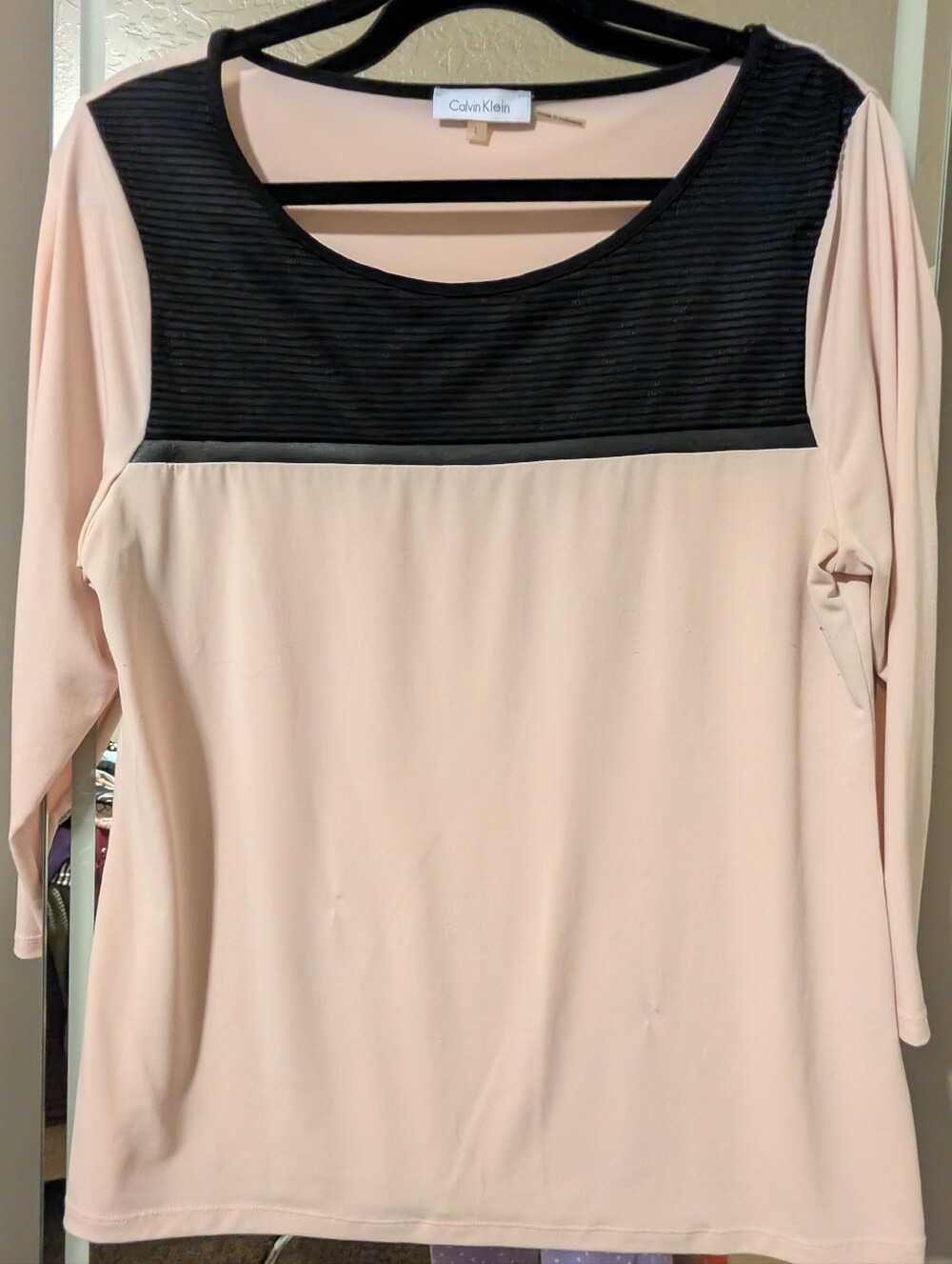 Calvin Klein Pale Pink and Black Paneled Scoop Neck Top